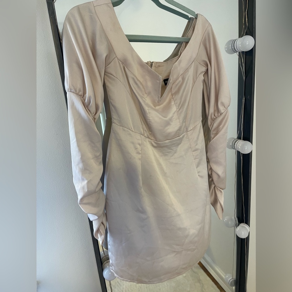 Pretty little thing US size 4 off shoulder satin champagne dress. Worn once.